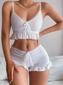 Ruffle Trim Tie Front Bra & Boyshorts Lingerie Set, Kawaii