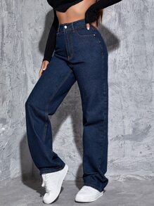 Jeans de talle alto de pierna ancha - Azul lavado oscuro - Ver 1