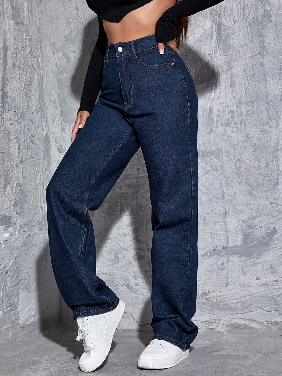 Jeans de talle alto de pierna ancha - Azul lavado oscuro - Ver 1