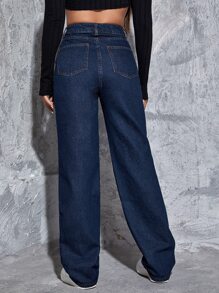 Jeans de talle alto de pierna ancha - Azul lavado oscuro - Ver 2