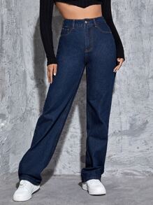 Jeans de talle alto de pierna ancha - Azul lavado oscuro - Ver 3