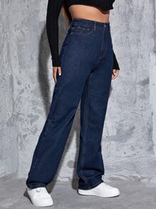 Jeans de talle alto de pierna ancha - Azul lavado oscuro - Ver 4