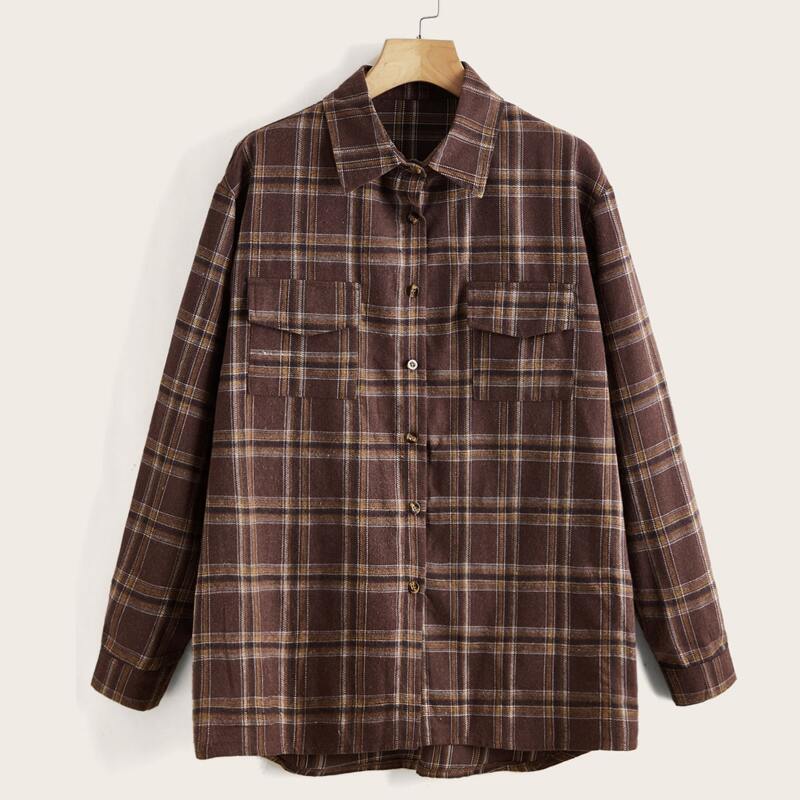 

Plaid Button Front Pocket Blouse, Coffee brown