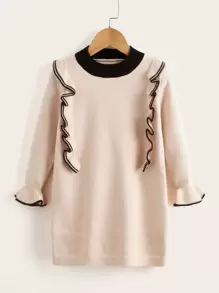 Váy len cho bé gái Tương phản ràng buộc màu trơn Giải trí - Màu be - Xem 1