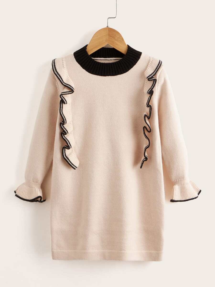 Váy len cho bé gái Tương phản ràng buộc màu trơn Giải trí - Màu be - Xem 1