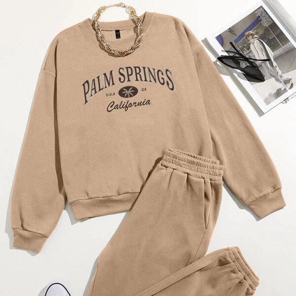 

Plus Tropical & Letter Graphic Pullover & Sweatpants, Khaki