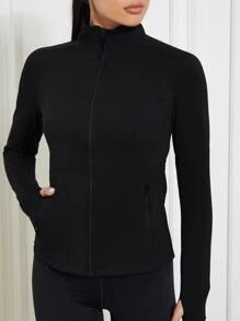 VUTRU Women Classic Small Stand Collar Multi-Pocket Thumb Hole Sports Jacket - Black - View 4
