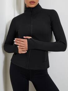 VUTRU Women Classic Small Stand Collar Multi-Pocket Thumb Hole Sports Jacket - Black - View 7