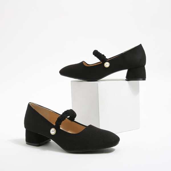 

Faux Pearl Decor Chunky Heeled Court Pumps, Black