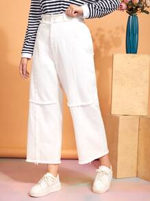 Mulvari Plus High Waist Raw Trim Wide Leg Trousers - White - View 1