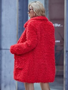 Eilly Bazar Solid Patch Pocket Fuzzy Coat - Red - View 2