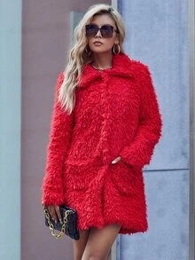 Eilly Bazar Solid Patch Pocket Fuzzy Coat - Red - View 3