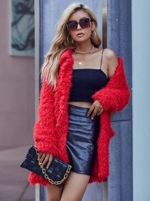 Eilly Bazar Solid Patch Pocket Fuzzy Coat - Red - View 5