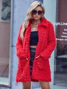 Eilly Bazar Solid Patch Pocket Fuzzy Coat - Red - View 6