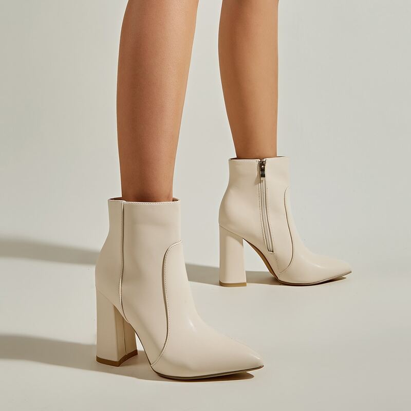 

Minimalist Side Zip Chunky Heeled Boots, Beige