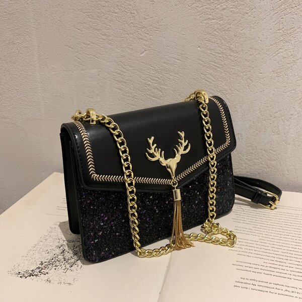 

Sequin & Tassel Decor Flap Square Bag, Black