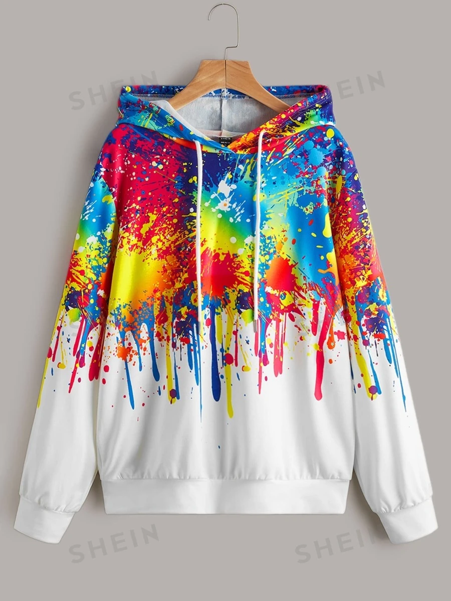 SHEIN EZwear Splash Ink Print Drawstring Hoodie SHEIN USA