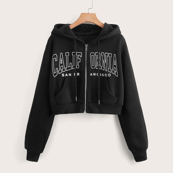 

Letter Graphic Zip Up Sweatshirt, Black
