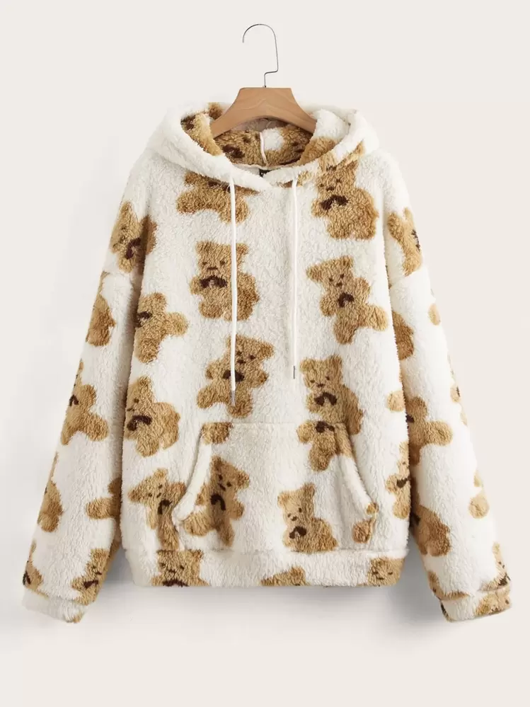 SHEIN Bear Print Teddy Hoodie | SHEIN UK