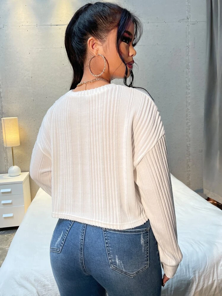 SHEIN Essnce Drop Shoulder Rib-knit Crop Tee - White - View 2