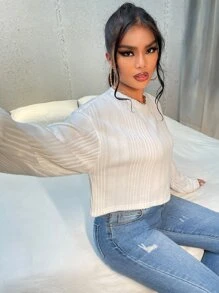 SHEIN Essnce 落肩袖羅紋針織短款T恤 - 白色 - 查看 3