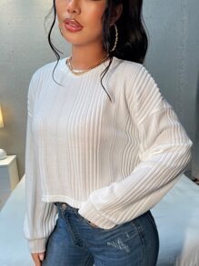 SHEIN Essnce 落肩袖羅紋針織短款T恤 - 白色 - 查看 4