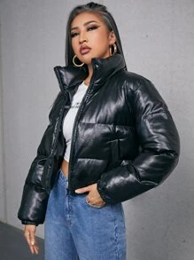 SHEIN Áo khoác đệm da PU có khóa kéo - màu đen - Xem 1