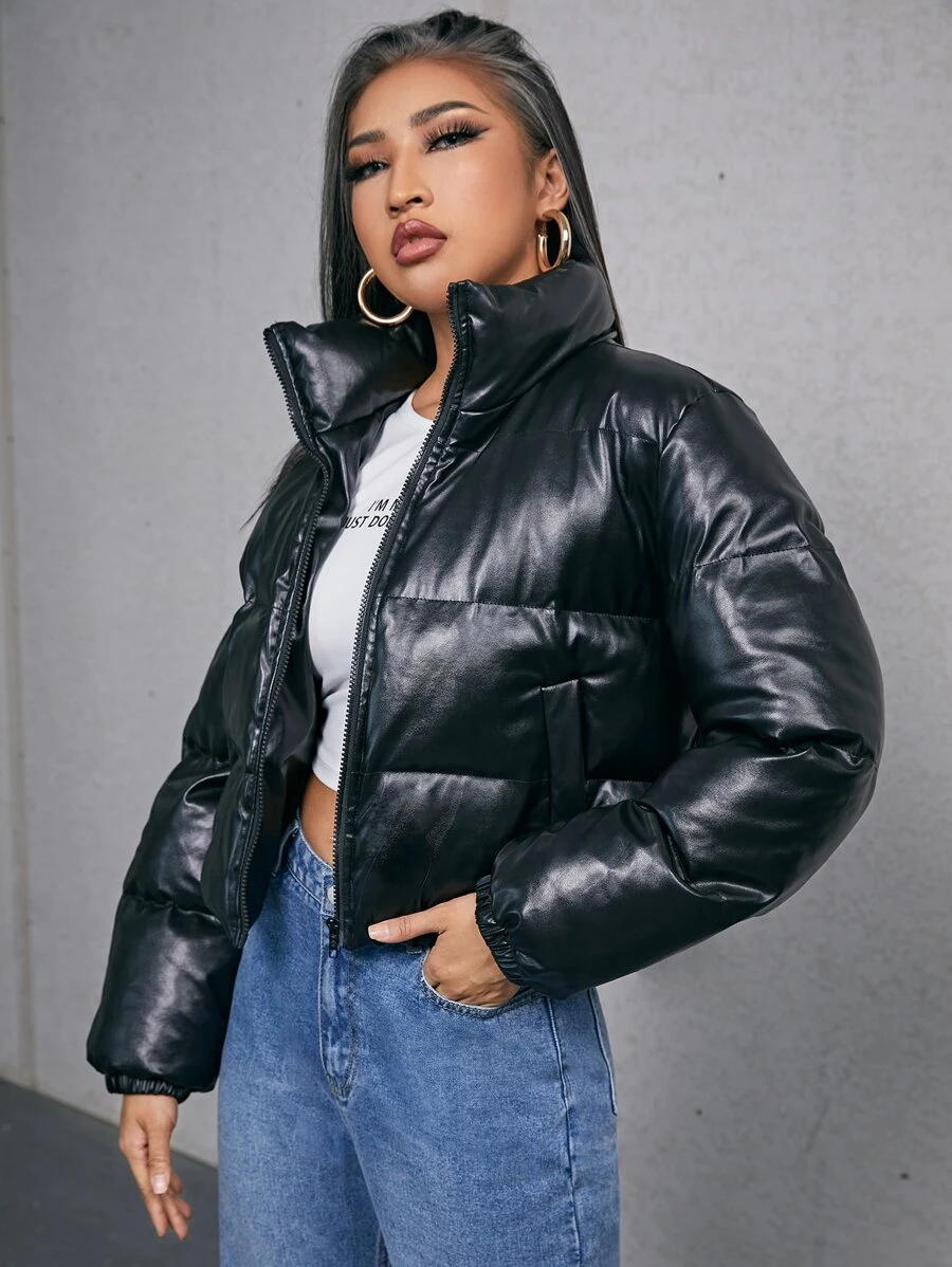 SHEIN Áo khoác đệm da PU có khóa kéo - màu đen - Xem 1