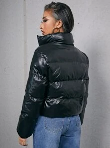 SHEIN Áo khoác đệm da PU có khóa kéo - màu đen - Xem 2