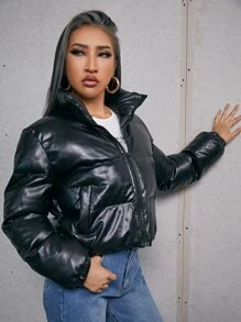 SHEIN Áo khoác đệm da PU có khóa kéo - màu đen - Xem 3