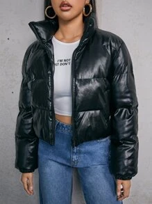 SHEIN Áo khoác đệm da PU có khóa kéo - màu đen - Xem 4