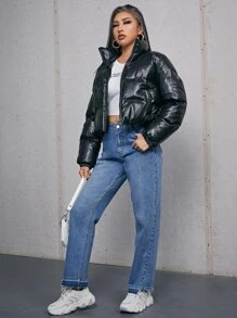 SHEIN Áo khoác đệm da PU có khóa kéo - màu đen - Xem 5