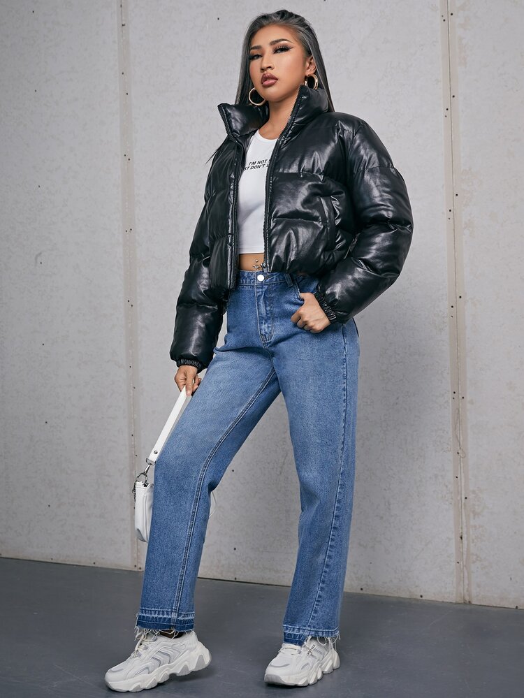 SHEIN Áo khoác đệm da PU có khóa kéo - màu đen - Xem 5