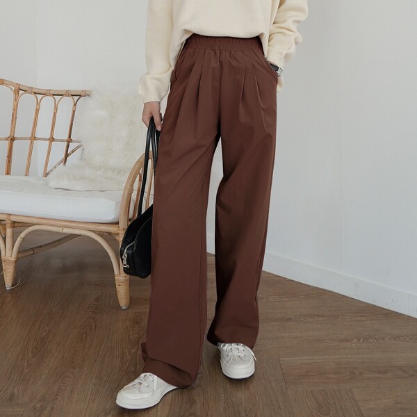 

Plicated Shirred Waist Straight Leg Pants, Coffee brown