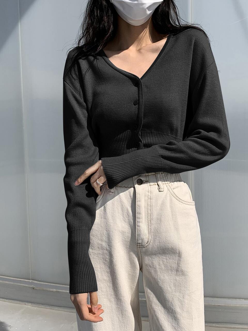 Drop Shoulder Ribbed Knit Cardigan