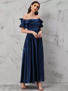 SHEIN Belle Off Shoulder Ruffle Trim Bridesmaid Dress Elegant Prom Semi Formal Wedding Guest Dress, For Birthday, Graduation, Homecoming Party Dress