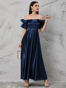 SHEIN Belle Off Shoulder Ruffle Trim Bridesmaid Dress Elegant Prom Semi Formal Wedding Guest Dress, For Birthday, Graduation, Homecoming Party Dress