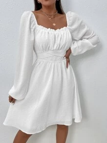 SHEIN LUNE Bishop Tay áo diềm xếp nếp Thắt nút lưng Váy Milkmaid - trắng - Xem 3