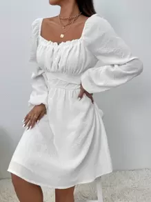 SHEIN LUNE Bishop Tay áo diềm xếp nếp Thắt nút lưng Váy Milkmaid - trắng - Xem 4