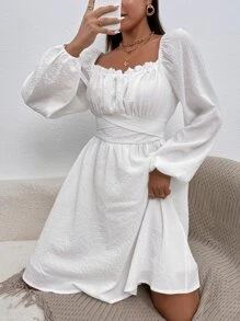 SHEIN LUNE Bishop Tay áo diềm xếp nếp Thắt nút lưng Váy Milkmaid - trắng - Xem 5