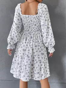 SHEIN Unity Ditsy Floral Shirred Flounce Sleeve Ruffle Hem Dress - White - View 2