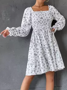 SHEIN Unity Ditsy Floral Shirred Flounce Sleeve Ruffle Hem Dress - White - View 4