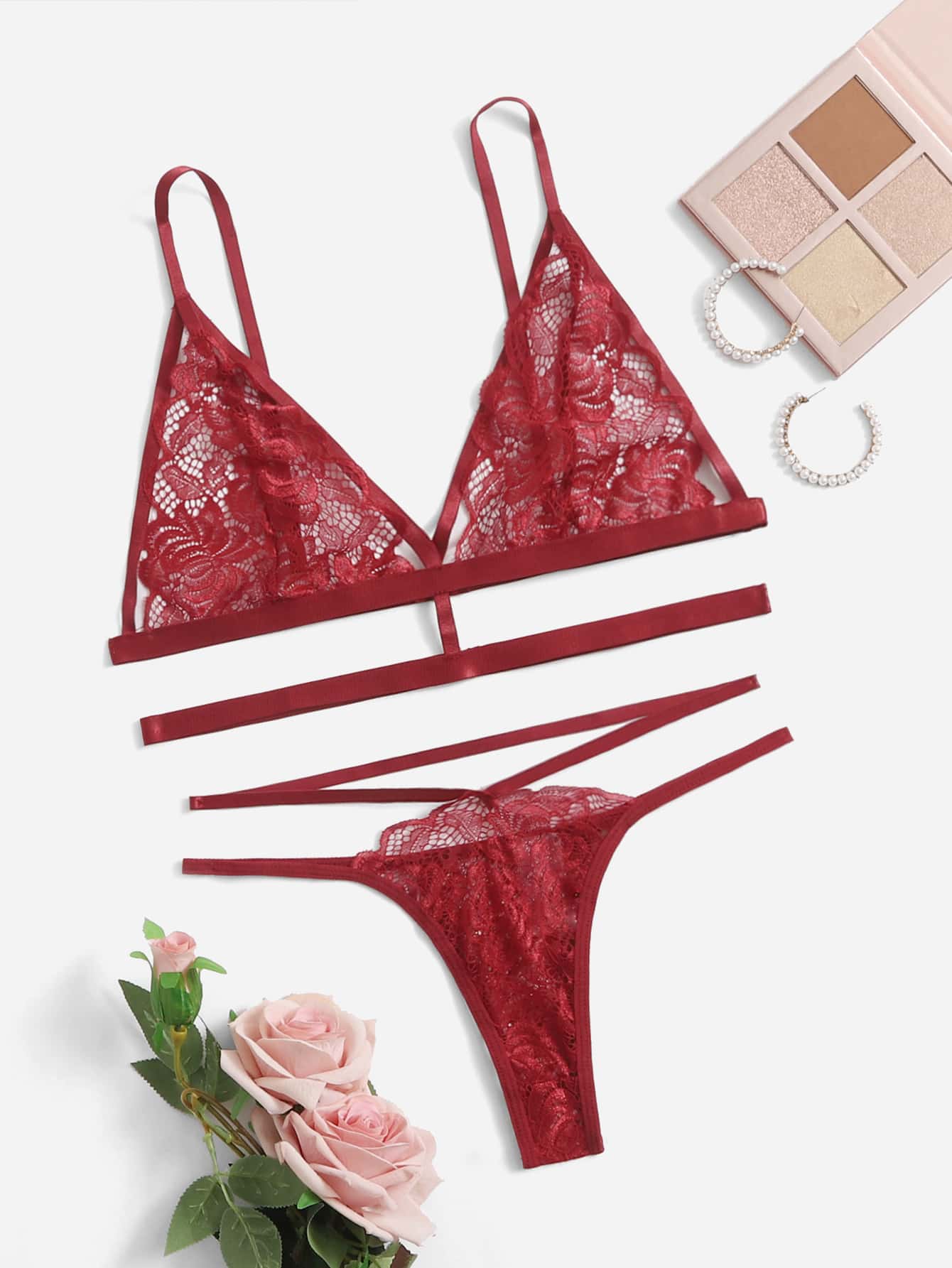 Floral Lace Cut-out Lingerie Set - Burgundy - View 1