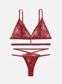Floral Lace Cut-out Lingerie Set - Burgundy - View 2