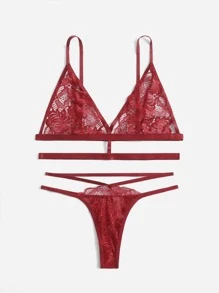 Floral Lace Cut-out Lingerie Set - Burgundy - View 3