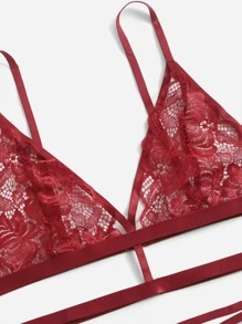 Floral Lace Cut-out Lingerie Set - Burgundy - View 4