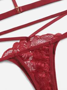 Floral Lace Cut-out Lingerie Set - Burgundy - View 5