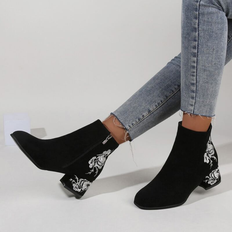 

Flower Graphic Side Zip Boots, Black