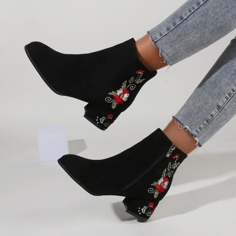 

Flower Graphic Side Zip Boots, Black