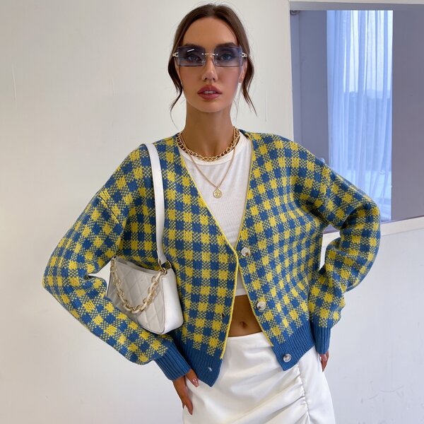 

Gingham Pattern Drop Shoulder Cardigan, Multicolor